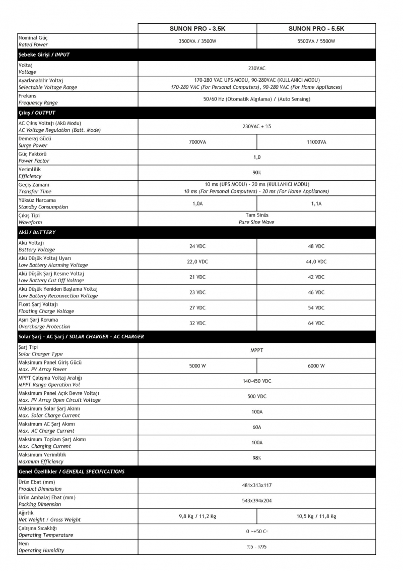 Tam sinüs akıllı 48V 5500W Sunon Pro  (450VDC) - 1