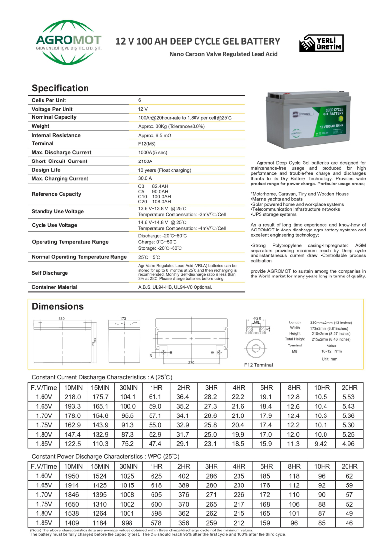 Jel akü 12V 100Ah AGROMOT100 - 1